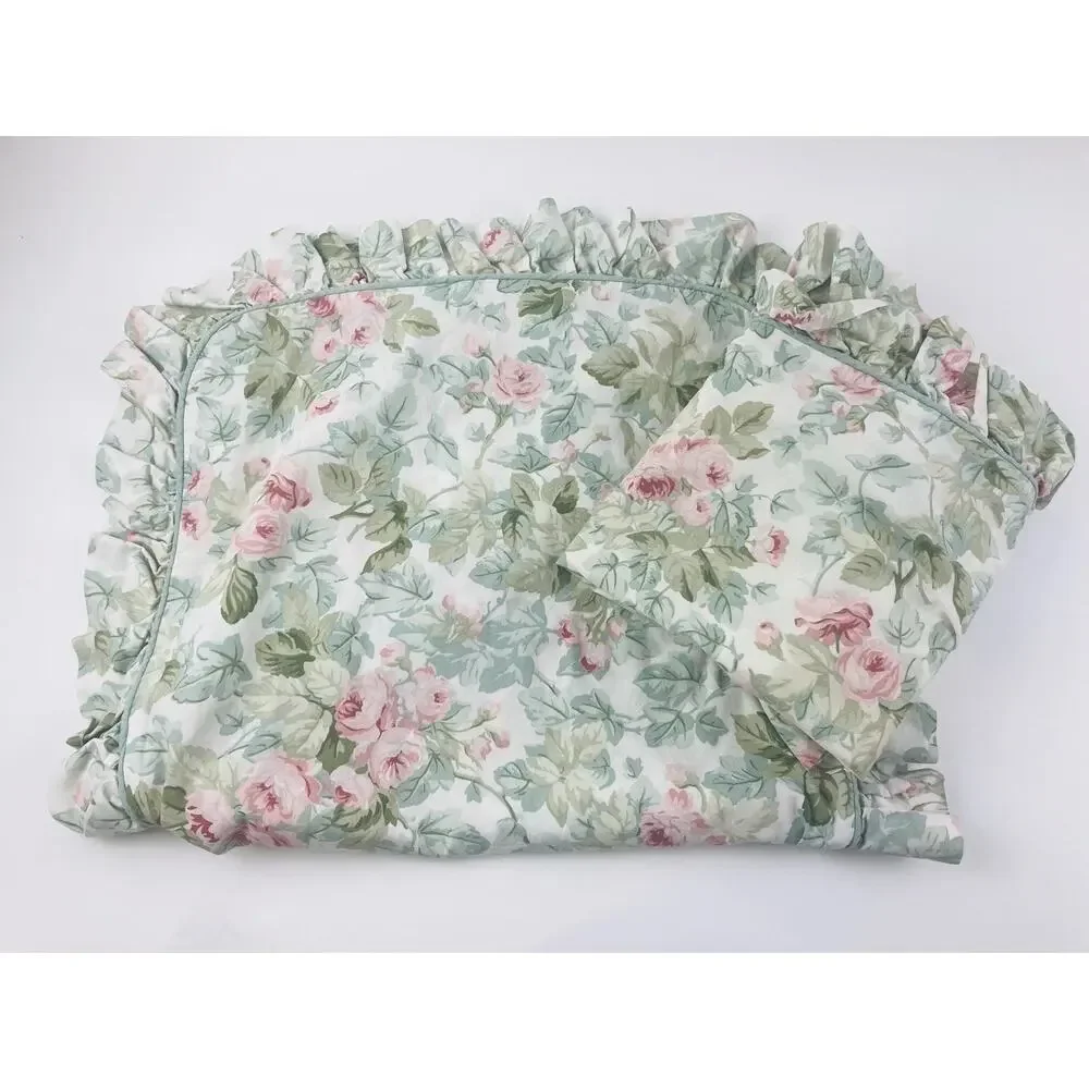 Vntge Laura Ashley KING Cottage Rose Set 2 Ruffled Pillow Shams Green Pink Cases